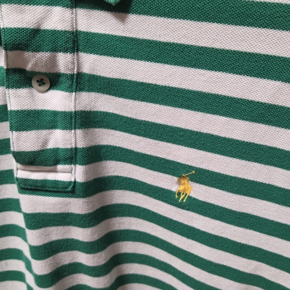 Vintage Y2K Polo Ralph Lauren Green White Striped Polo Yellow Pony Size Large - Picture 3 of 5